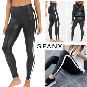 SPANX Faux Leather Leggings with Side Stripe size Medium, Black and White 18630